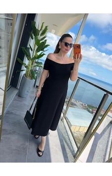 Meridefashion Kadın Elbise Madonna Yaka Midi Boy Siyah Örme Günlük Abiye Elbise