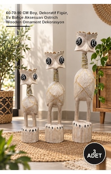 3 Adet Ahşap 3'lü Deve Kuşu Dekor Seti 60-70-90 Cm Boy, Dekoratif Figür, Ev Bahçe Aksesuarı Ostrich Wooden Ornament Dekorasyon Diğer