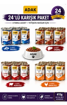 Adak 24 Lü Karışık Kedi Konservesi 415g Büyük Boy Yetişkin Kediler İçin Yaş Mama Seti