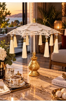 Gold Detaylı Krem Renkli Dantel Bali Sunum Şemsiyesi 34x30cm Dekoratif Şemsiye