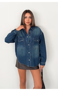 Kadın Koyu Mavi Oversize Cepli Düğmeli %100 Pamuk Kot Gömlek 1 Beden Küçük Alın Sofia-6006 Kadın Koyu Mavi Oversize Cepli Düğmeli %100 Pamuk Kot Gömlek 1 Beden Küçük Alın Sofia-6006