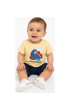 İrem Çocuk Giyim Erkek Bebek Dino Yazılı Dinazor Desenli Omuzu Çıtçıt Kapamalı Sarı Renk Tişört Sarı