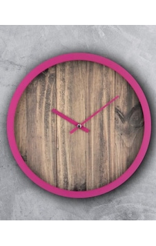Rakamsız Ahşap Görünümlü Pembe Çerçeveli Sessiz Akar 30 Cm Duvar Saati Pembe