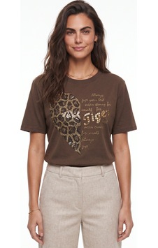 Onloox Kadın Kahverengi Kahverengi Pamuklu Bisiklet Yaka Regular Fit Leopar Kalp Taş İşlemeli Kısa Kollu T-shirt Onloox Kadın Kahverengi Kahverengi Pamuklu Bisiklet Yaka Regular Fit Leopar Kalp Taş İşlemeli Kısa Kollu T-shirt