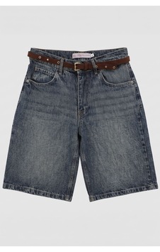 Blue White Kadın Beli Kemerli Bermuda Jean Şort İndigo Blue White Kadın Beli Kemerli Bermuda Jean Şort İndigo