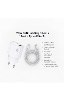 20w Gan Hızlı Şarj Adaptörü Cihazı 1 Metre Type-c Kablo Dahildir Beyaz