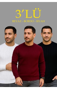 Barlashive Erkek Fitilli Triko Bisiklet Yaka Kalın Kazak 3'lü Set Beyaz-bordo-siyah Çok Renkli