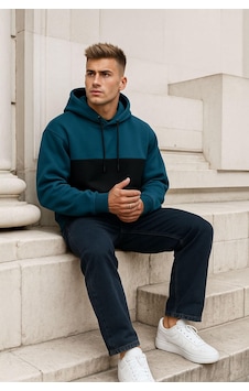 Markapia Erkek Kapüşonlu Cepli İçi Polarlı Parçalı Petrol Sweatshirt Mavi Markapia Erkek Kapüşonlu Cepli İçi Polarlı Parçalı Petrol Sweatshirt Mavi