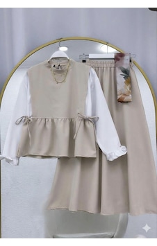 Lovie Moda Kadın Kolu Büzgülü Etekli Takım - Bej