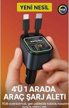 66w Araç Şarj Adaptörü Type-c + Lightning Makaralı Kablo, Usb + Type-c Girişli, Hızlı Şarjlı 66w Araç Şarj Adaptörü Type-c + Lightning Makaralı Kablo, Usb + Type-c Girişli, Hızlı Şarjlı