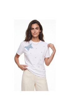 Onloox Kadın Beyaz Beyaz Pamuklu Kısa Kollu Bisiklet Yaka Kelebek Aksesuarlı Taş İşlemeli Örme T-shirt
