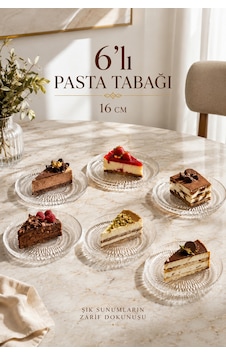 Porsima Tokyo 10788-1 6'lı Çizgili Cam Pasta Tabak Seti 16 Cm Dikey Oluklu Tatlı & İkram Tabağı