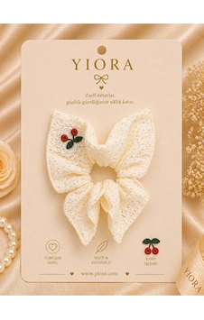 Premium Seri Krem Renkli Kiraz Nakışlı Yumuşak Dantel Kumaş Lastik Saç Tokası