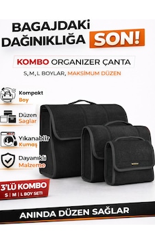 Oto Bagaj Organizer Bagaj Çantası 3'lü Kombo Kaymaz Cırt Bantlı Velur Kompakt - Siyah Oto Bagaj Organizer Bagaj Çantası 3'lü Kombo Kaymaz Cırt Bantlı Velur Kompakt - Siyah