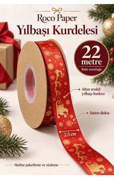 Yılbaşı Geyik Temalı Kırmızı Kurdele, 22 Metre-2.5 Cm, Saten Hedi Diğer