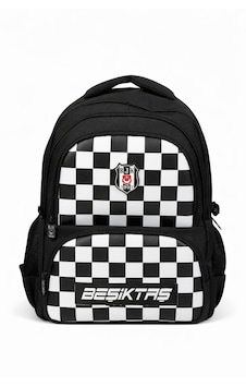 Beşiktaş Lisanslı 4 Bölmeli Dama Desenli Okul Çantası - Rubber Logolu Su İtici Kumaşlı Okul Sırt Çantası Siyah - Beyaz