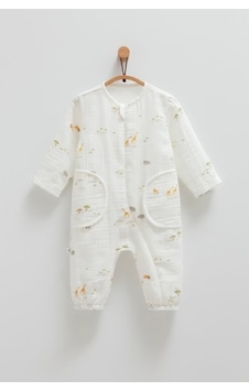 Kıpırık Baby Bebek Tulum Müslin Zürafa Desenli-1118 Ekru