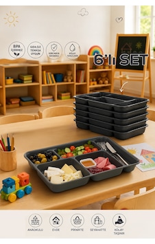 6 Adet 5 Bölmeli Bpa İçermez Lüks Plastik Piknik Yemek Servis Tabağı-tabldot Servis Tabağı Antrasit-21 31 3,5 Cm