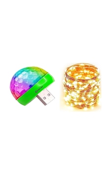 2'li Set Mini Disko Topu Hoparlör Mp3 + 3 Metre Peri Led Işık Yeşil
