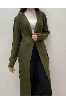 Onno Style Woman Spor Triko Kapşonlu Uzun Hırka Haki Onno Style Woman Spor Triko Kapşonlu Uzun Hırka Haki