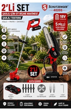 Schutzenger 4020S 2 Batarya 7 Aparatlı Şarjlı Dal Budama Zinçirli Testere Ve Şarjlı Çim Ot Piçme Tırpan Schutzenger 4020S 2 Batarya 7 Aparatlı Şarjlı Dal Budama Zinçirli Testere Ve Şarjlı Çim Ot Piçme Tırpan