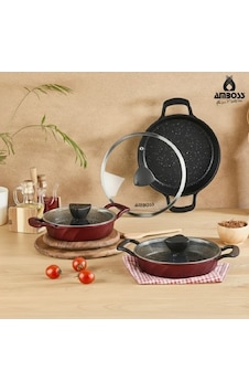 Amboss Vento 6 Parça Cam Kapaklı Döküm Sahan Omlet Seti (Kırmızı) Amboss Vento 6 Parça Cam Kapaklı Döküm Sahan Omlet Seti (Kırmızı)