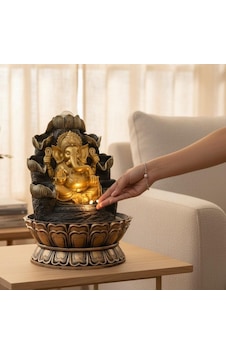 Dekoratif Büyük Ganesha Figürlü Led Işıklı Masaüstü Su Şelalesi Feng Shui Ev Ofis Dekoru 40 Cm