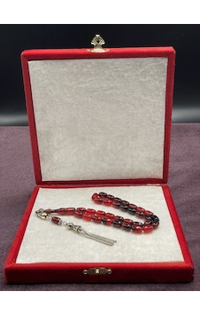 Alpaka Zincir Püsküllü Çift Renk Sıkma Kehribar Tesbih Kırmızı-siyah, 7x11 Mm