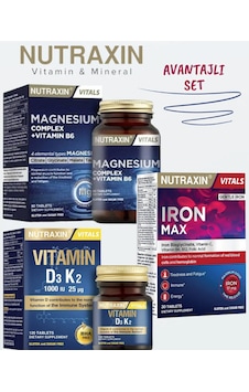 Nutraxin Magnezyum Complex 60 Tablet + Iron Max 17mg 30 Tablet + D3k2 Vitamini 120 Tablet Üçlü Set Nutraxin Magnezyum Complex 60 Tablet + Iron Max 17mg 30 Tablet + D3k2 Vitamini 120 Tablet Üçlü Set
