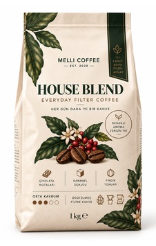 Melli Coffee House Blend Filtre Kahve 1 Kg Orta Kavrum Çikolata, Karamel & Fındık Tonları Çekirdek Melli Coffee House Blend Filtre Kahve 1 Kg Orta Kavrum Çikolata, Karamel & Fındık Tonları Çekirdek