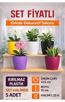 5 Li Orkide Dekoratif Saksı Seti 1,25 L Kırılmaz Plastik, Renkli, Tabaksız 5 Li Orkide Dekoratif Saksı Seti 1,25 L Kırılmaz Plastik, Renkli, Tabaksız