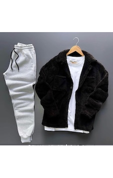 Fifty Color Unisex Siyah Peluş Polar Hırka Gömlek Gri Eşofman Altı Takım Gri - Siyah Fifty Color Unisex Siyah Peluş Polar Hırka Gömlek Gri Eşofman Altı Takım Gri - Siyah