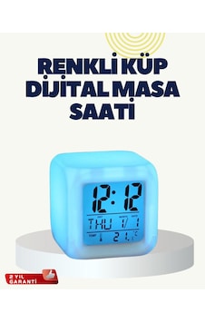 Termometre Ve Takvim Özellikli 7 Renk Değiştiren Küp Alarm Saati Beyaz