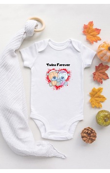 Tuğba Baby Twins Forever Ikiz Kardeş Bebek Body Organik Baskılı %100 Pamuklu Beyaz Çıtçıtlı Body Zıbın Beyaz