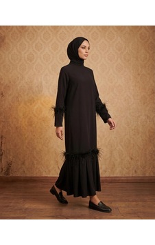 Nevayla Moda Tüy Detaylı Zarif Elbise / Siyah - E0133 Nevayla Moda Tüy Detaylı Zarif Elbise / Siyah - E0133
