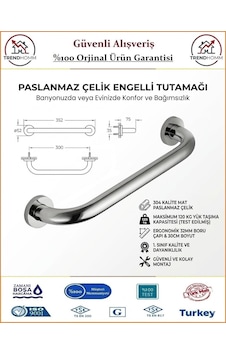 Trendhomm Engelli Tutunma Barı - Bedensel Engelli Küvet Tutunma Barı - 30cm Krom