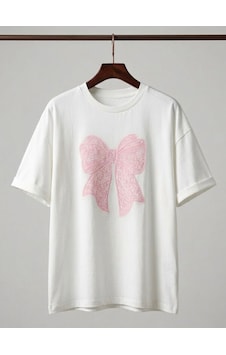 Kadın Beyaz Oversize Fiyonk Baskı Detaylı Kpmpak T-shirt Pembe