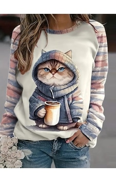 Biarre Kadın Uzun Kollu Bisiklet Yaka Kedi Baskılı Şardonlu Dalgıç Bluz Beyaz Biarre Kadın Uzun Kollu Bisiklet Yaka Kedi Baskılı Şardonlu Dalgıç Bluz Beyaz