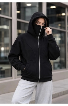 Freedom Storee Kadın Maskeli Ninja Model Çift Kapüşonlu 3 İplik Şardonlu Fermuarlı Oversize Sweatshirt - Siyah Çok Renkli Freedom Storee Kadın Maskeli Ninja Model Çift Kapüşonlu 3 İplik Şardonlu Fermuarlı Oversize Sweatshirt - Siyah Çok Renkli