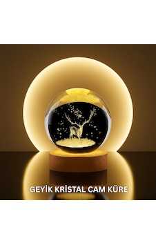 Doğal Ahşap Standlı Geyik Figürlü Kristal Küre Led Dekoratif Lamba 1