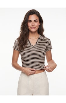 Onloox Kadın Kahverengi Kahverengi Bej Pamuklu Likralı Kaşkorse Polo Yaka Crop Çizgili Kısa Kollu T-shirt Onloox Kadın Kahverengi Kahverengi Bej Pamuklu Likralı Kaşkorse Polo Yaka Crop Çizgili Kısa Kollu T-shirt