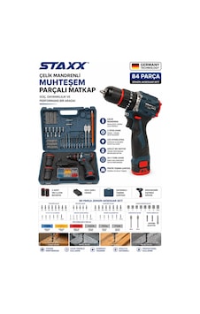 Staxx Brsl182lı 18v Li-ion Şarjlı Matkap Çelik Mandrenli 84 Parça Ahşap Metal Beton Delme Seti Çanta