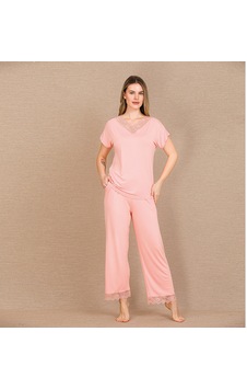 Civetta Viskonşık Tasarım Dantel İşlemeli Açık Pembe Kısa Kol Pijama Takı