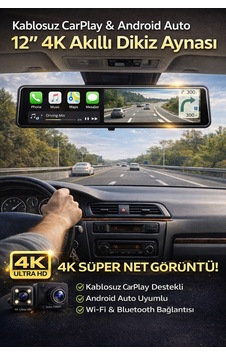4k Aı Voice Dash Cam Çift Kamera, 12 Lcd, Arka Görüş + Wi-fi Aı Sesli Kontrol