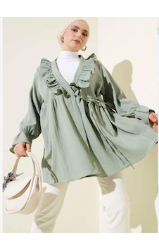 Lovie Moda Kadın Yaka Fırfırlı Kimono Haki