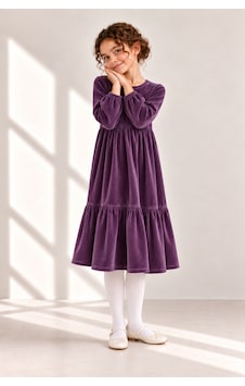 Moda Kız Çocuk Modest Pamuk Kadife Midi Elbise Mor Mor