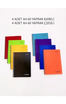 Uni Note A4 Spiralli Defter Seti 8 Adet 4 Kareli + 4 Çizgili 60 Yaprak Renkli Plastik Kapak Okul Ve Ofis Defteri Uni Note A4 Spiralli Defter Seti 8 Adet 4 Kareli + 4 Çizgili 60 Yaprak Renkli Plastik Kapak Okul Ve Ofis Defteri