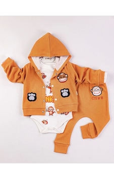 Babydonat Monkey Nakışlı Kapişonlu Erkek Bebek Takım Turuncu