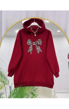 Lovie Moda Kadın Leopar Fiyonk Baskılı Sweatshirt Bordo