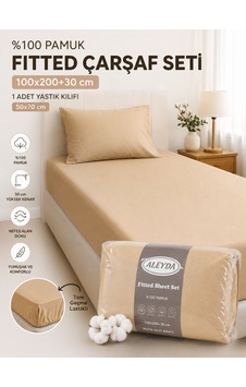 %100 Pamuk Tek Kişilik Fitted Lastikli Çarşaf Seti Bej